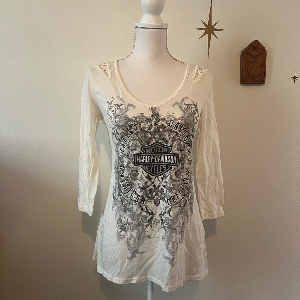 Harley-Davidson Women's White Graphic Long Sleeve Cutout Tee Small